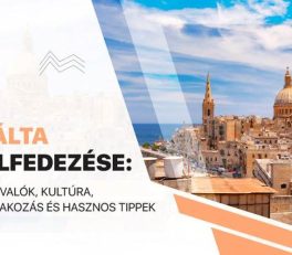 Valletta (Málta) panorámaképe történelmi épületeivel, kupolájával és a kék ég alatt elterülő tengerrel, amely a kultúrát és az utazási látnivalókat szimbolizálja.